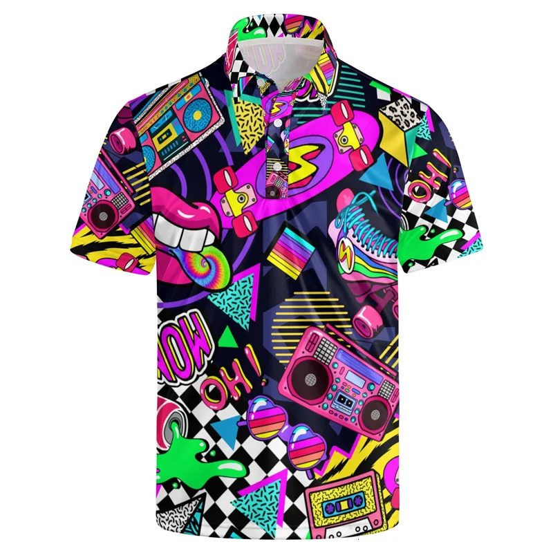 3d Printing 80s 90s Golf Polo Shirt Summer Retro Lapel Shirt Street Loose Short Sleeve Tops Mens Button Tee Shirts 260401