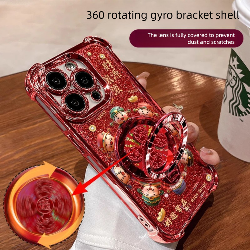 Designer Luxury 360 Rotating Fidget Spinner Phone Case Premium Gold Glitter Lucky God Pattern Shockproof Cover With Stand High-end Case For Applicable