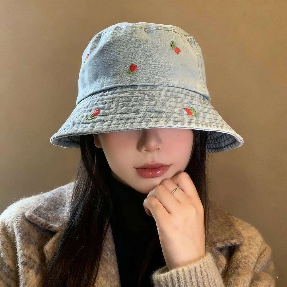 Emboridery Denim Bucket Hat Summer Travel Beach Sun For Women Men Fresh And Cute Fisherman Hats Wholesale