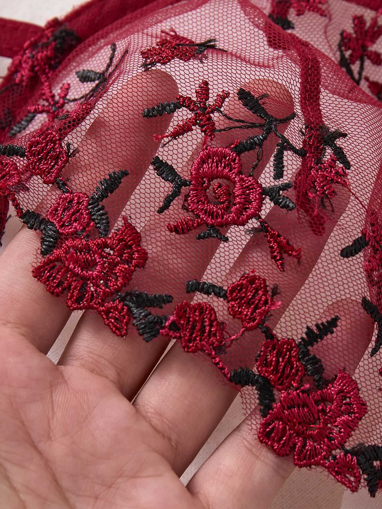 WineRed French-style floral embroidery lace lingerie set and pure desire sheer bra supportValentines Day party ZA824026 Z260402