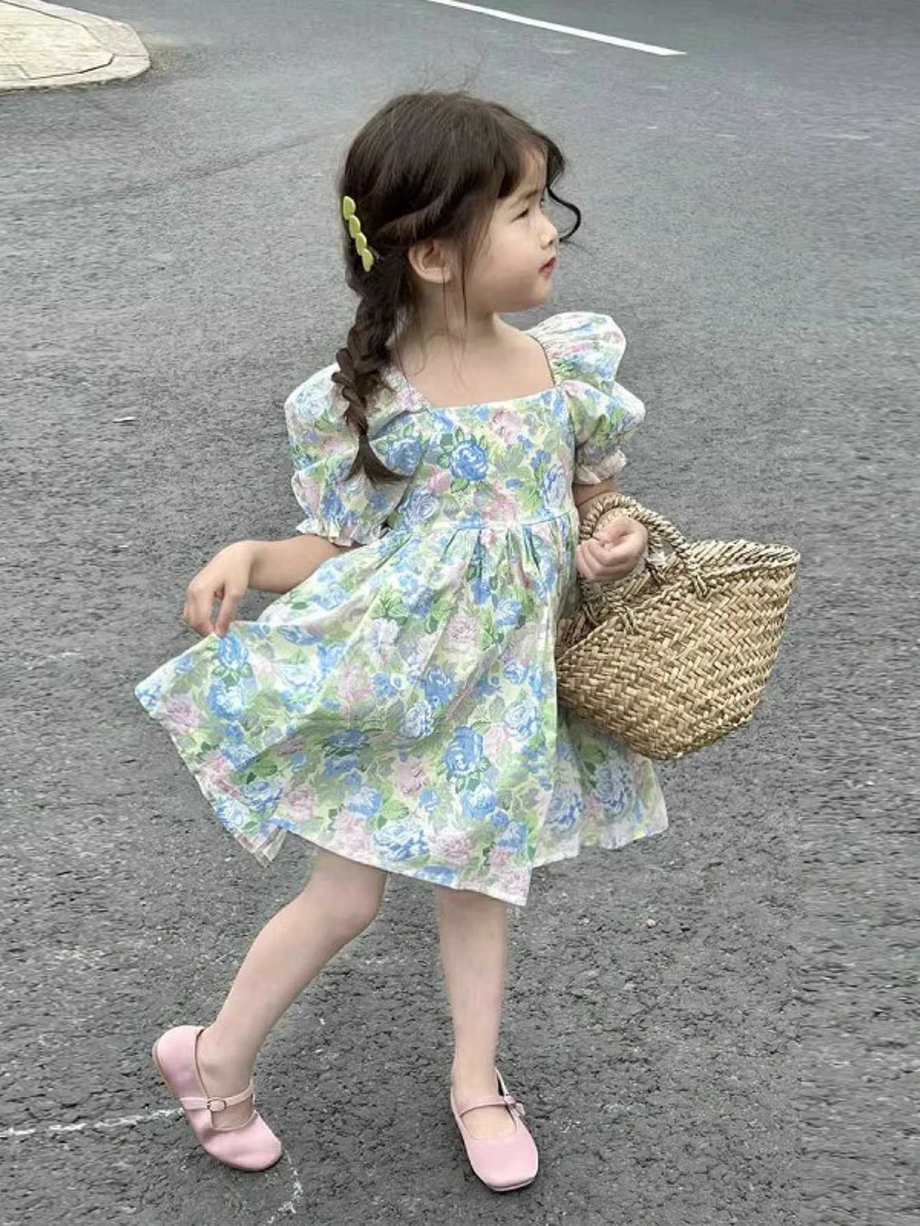 Girls Summer Floral Backless Dress Puff Sleeve Square Neck Princess Dress Korean Style Kids Fashion H260402