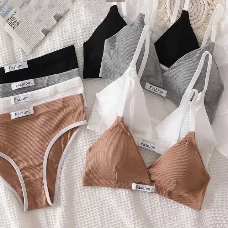 Women Cotton Bra Set Briefs Low Waist Panties Wire Free Bralette Sport Lingerie Vneck Brassiere Female Underwear Set Z260402