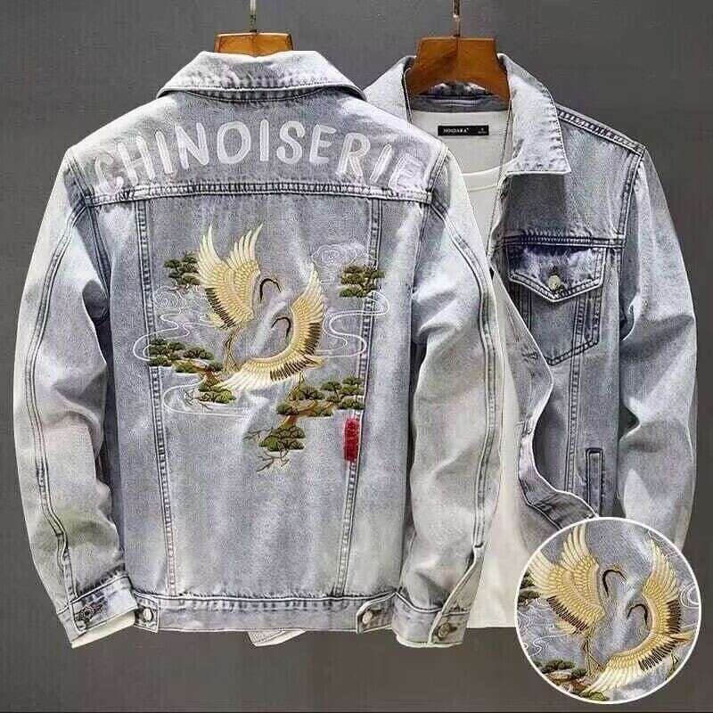 Spring Autumn New Style Retro Embroidered Denim Jacket Men's Trendy Brand Personality Slim Fit Versatile Handsome National Asia Size