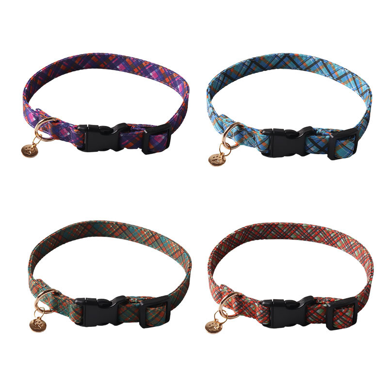 Pet Collar Dark Quilted Plaid Print British Style With Metal Pendant Plastic Buckle Adjustable Collar For Dogs