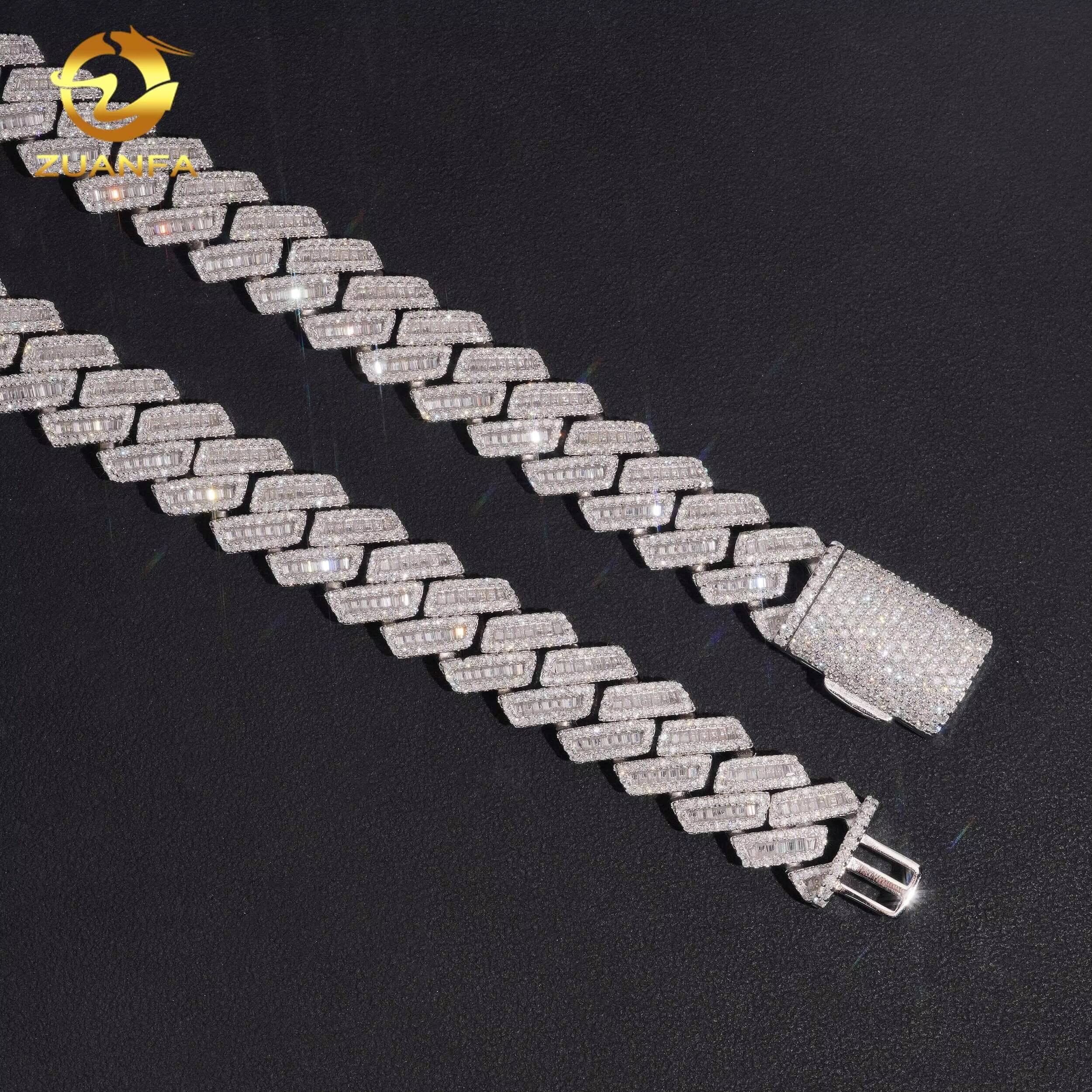 GRA Certified 15mm Baguette Moissanite Chain Cuban Links 925 Silver Cuban Link Chain Moissanite Iced Out Necklace
