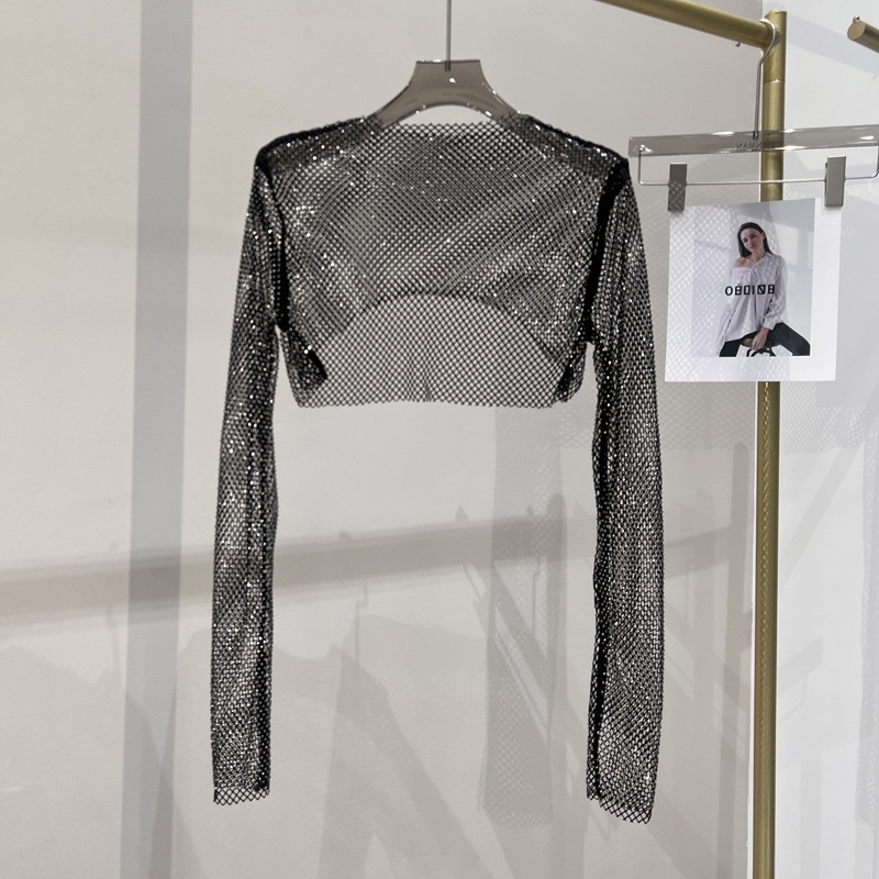 Women Sexy Rhinestone Cropped Long Sleeve Top Crystal Embellished Slim Fit Tee Clubwear Party Outfit - view 4