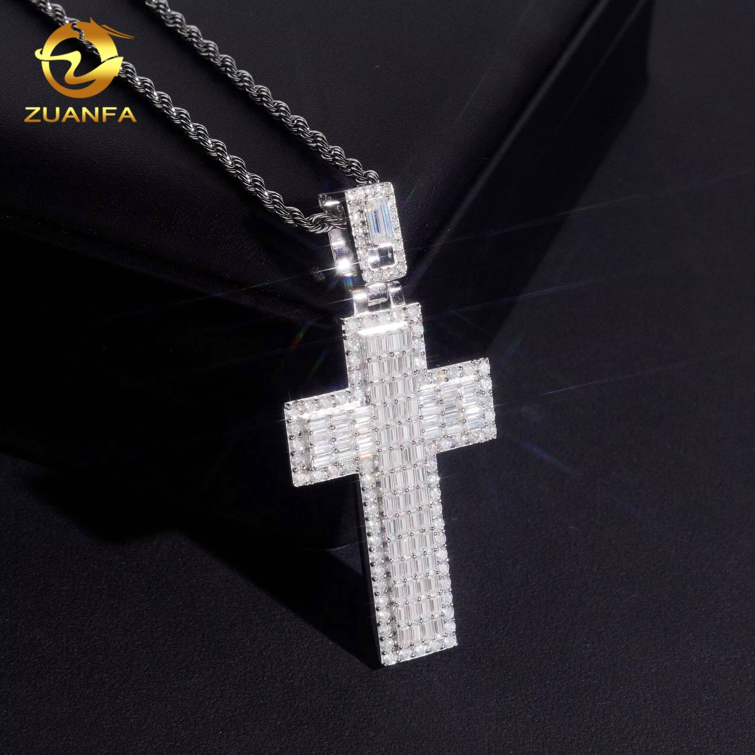 Baguette Cut Diamond Fine Hip Hop Moissanite Jewelry Iced Out Solid Back Cross Pendant 925 Silver VVS Moissanite Pendant