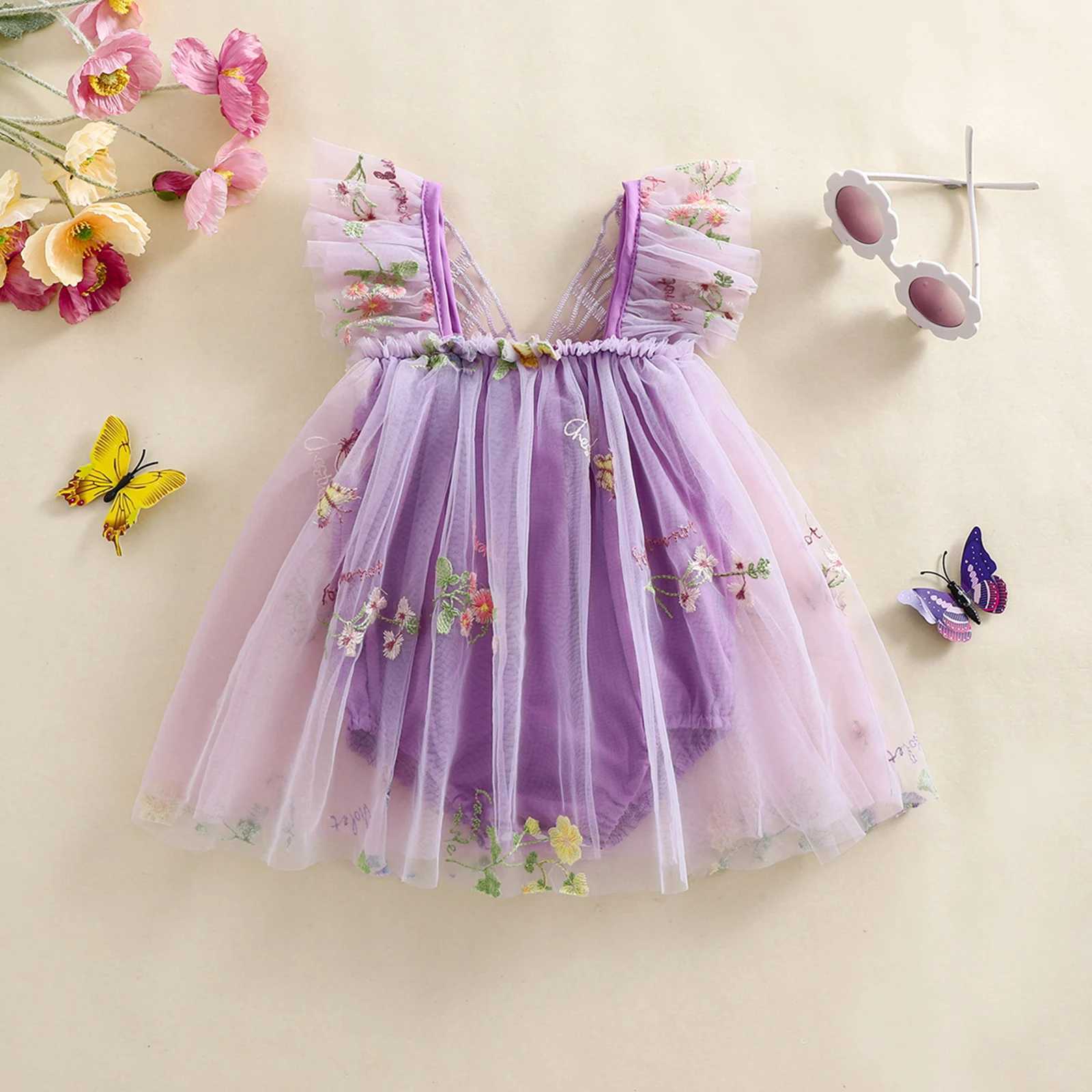 Princess Baby Girls Mesh Romper Dress Lovely Flower Butterfly Embroidery Sleeveless Cute Summer Jumpsuit Newborn Bodysuits H260402