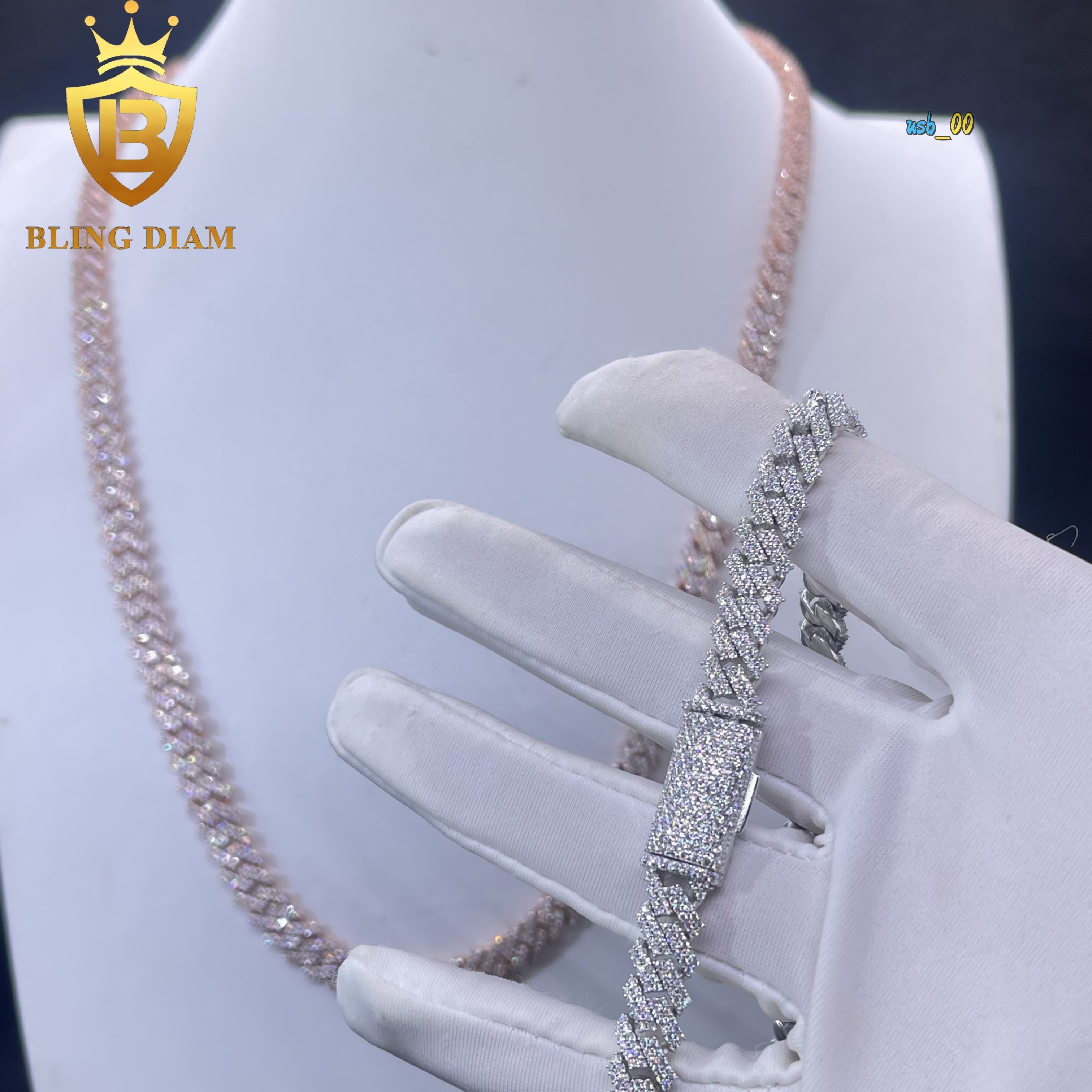 14mm Hip Hop Jewelry 2 Rows Moissanite Iced Out Miami Rose Gold Cuban Link Chain 925 Sterling Silver Necklace for Men