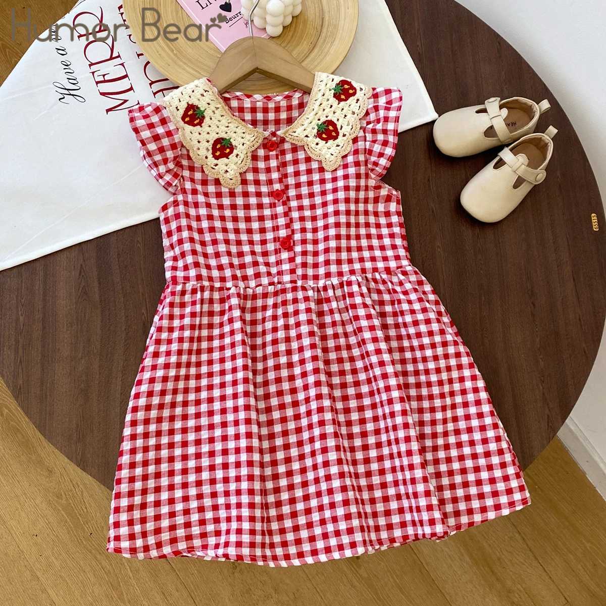 Humor Bear Girl Casual Dress 2026 New Fashion Strawberry Crochet Collar Plaid Flying Sleeve Dress Cute Outfits Girls Vestidos H260402