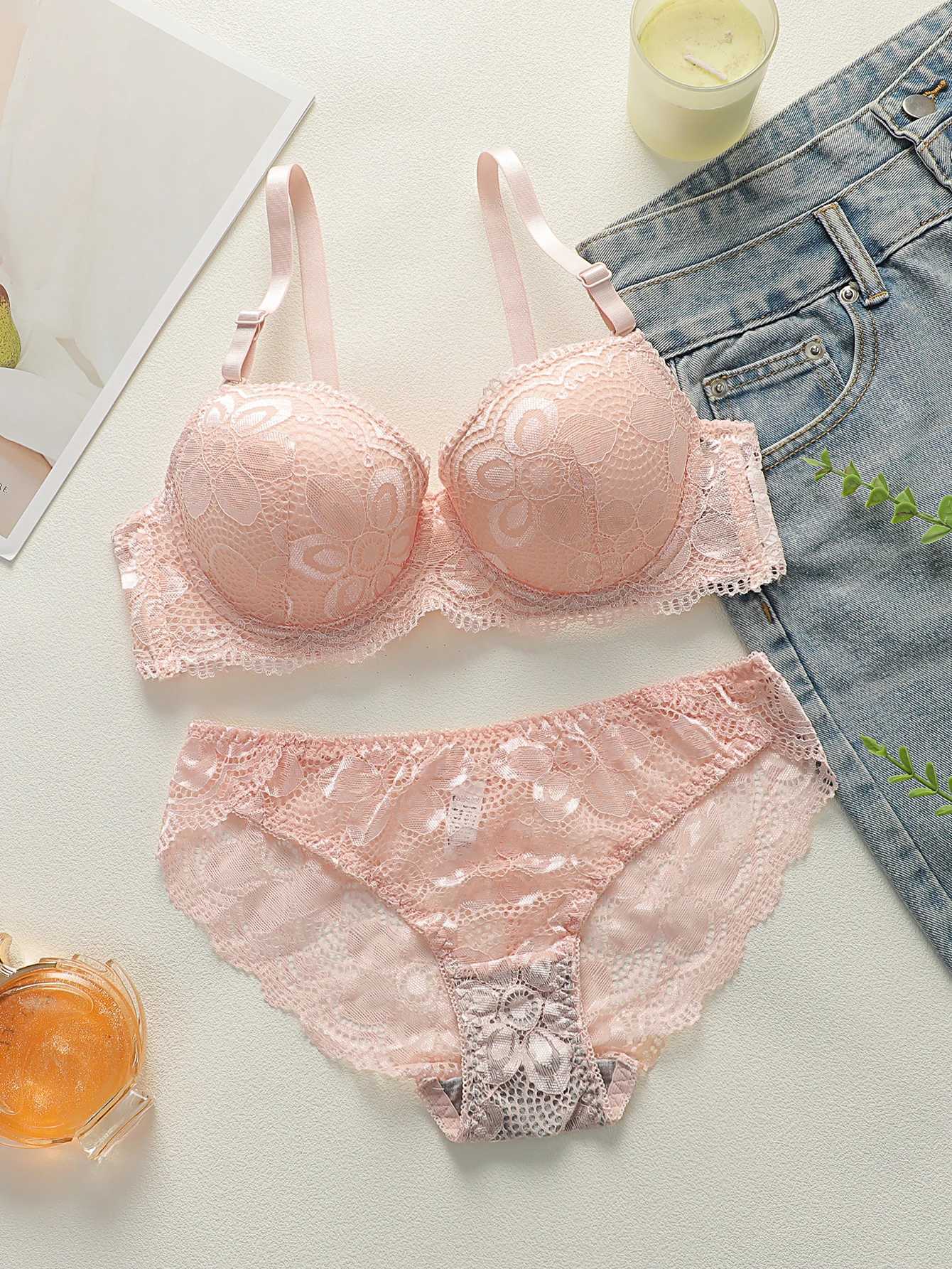 Pink Lace Push Up Bra Set For Women Underwired Padded Bras and Panty Set Breathable Full Cup Comfortable Lingerie Z260402