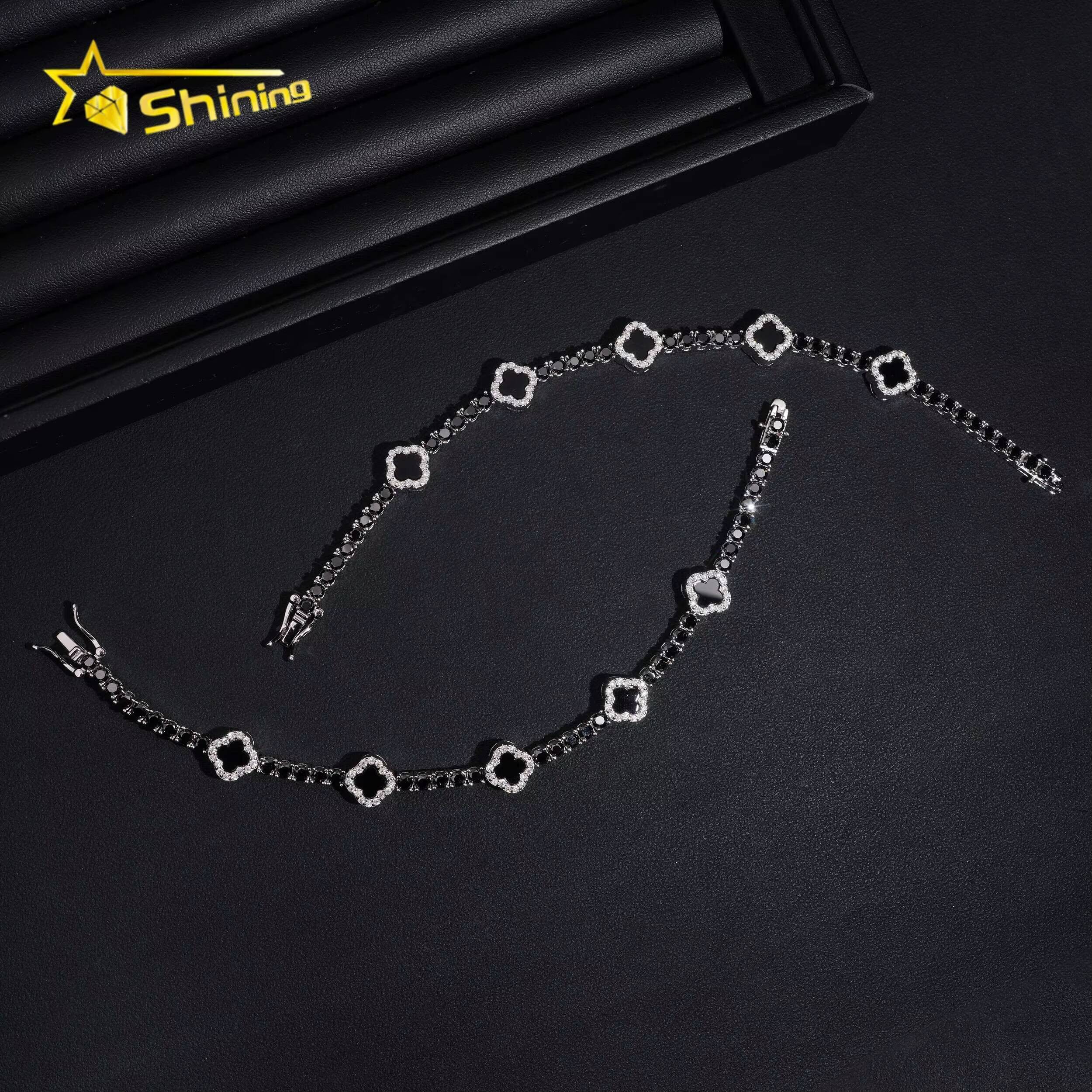 USA Warehouse Local Stock3mm Moissanite Bracelet 925 Solid Silver Hip Hop Iced Out GRA Moissanite Black Clover Tennis Bracelet