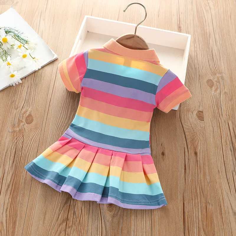 Girls Summer fashion cute short sleeve cartoon rabbit embroidered rainbow strip baby girl princess dress H260402