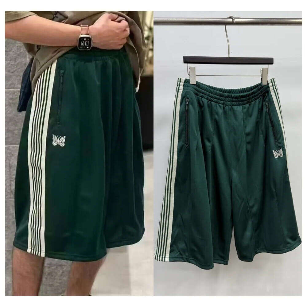 Needles Men's Shorts Cotton Casual Short Pants Oversized Navy Blue Wide Smooth Jorts Embroidered Butterfly Track One-Fifth Knee Pants Sports Baggy Sweatpants 9Ea