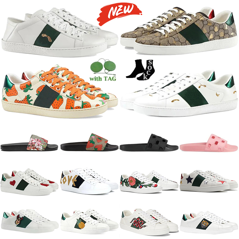 Hot Mens Designer bee ace sneakers Womens bees embroidered Platform shoes black foral flowers Strawberry print rubber slides Slippers luxury summer beach sandals