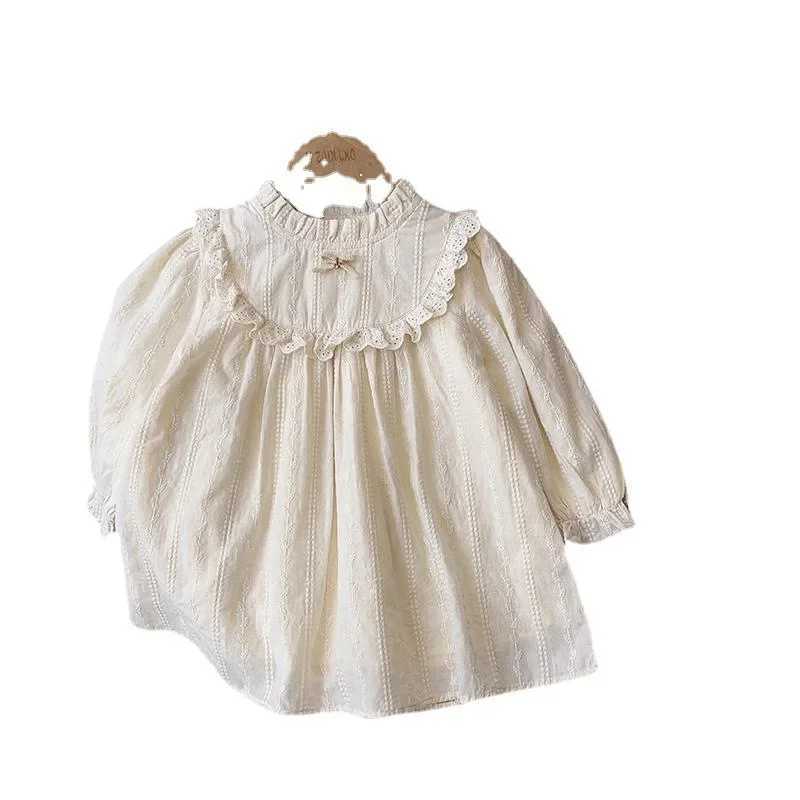 Bowknot Nylon Lace Embroidered Flower Half High Collar Cut-out Princess Dress Autumn Dress Kids Dresses for Girls Kids H260402