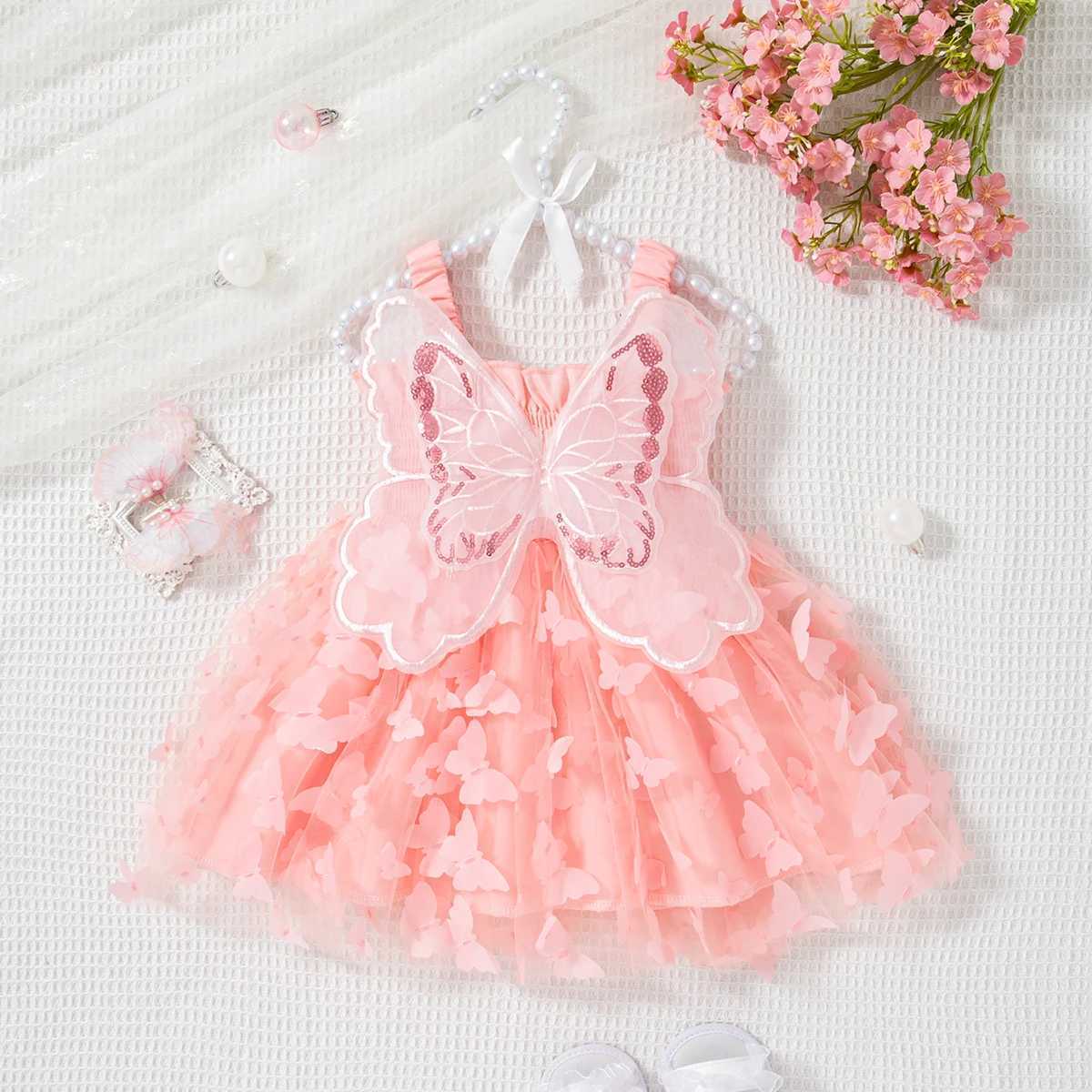 Summer New Baby Girl Suspender Dress Solid Color Butterfly Wing Gauze Dress Childrens Birthday Party Dress H260402