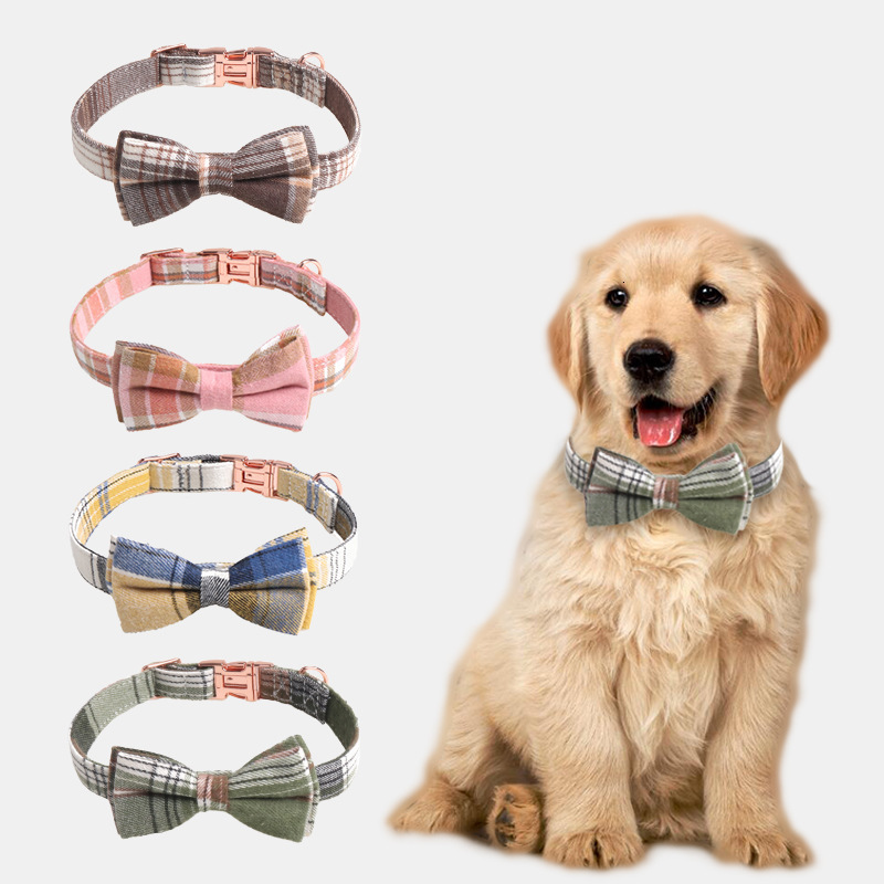 Pet Collar British Plaid Pattern Detachable Bowknot With Bell Comfortable Collar For Cats Kittens Macaron Color
