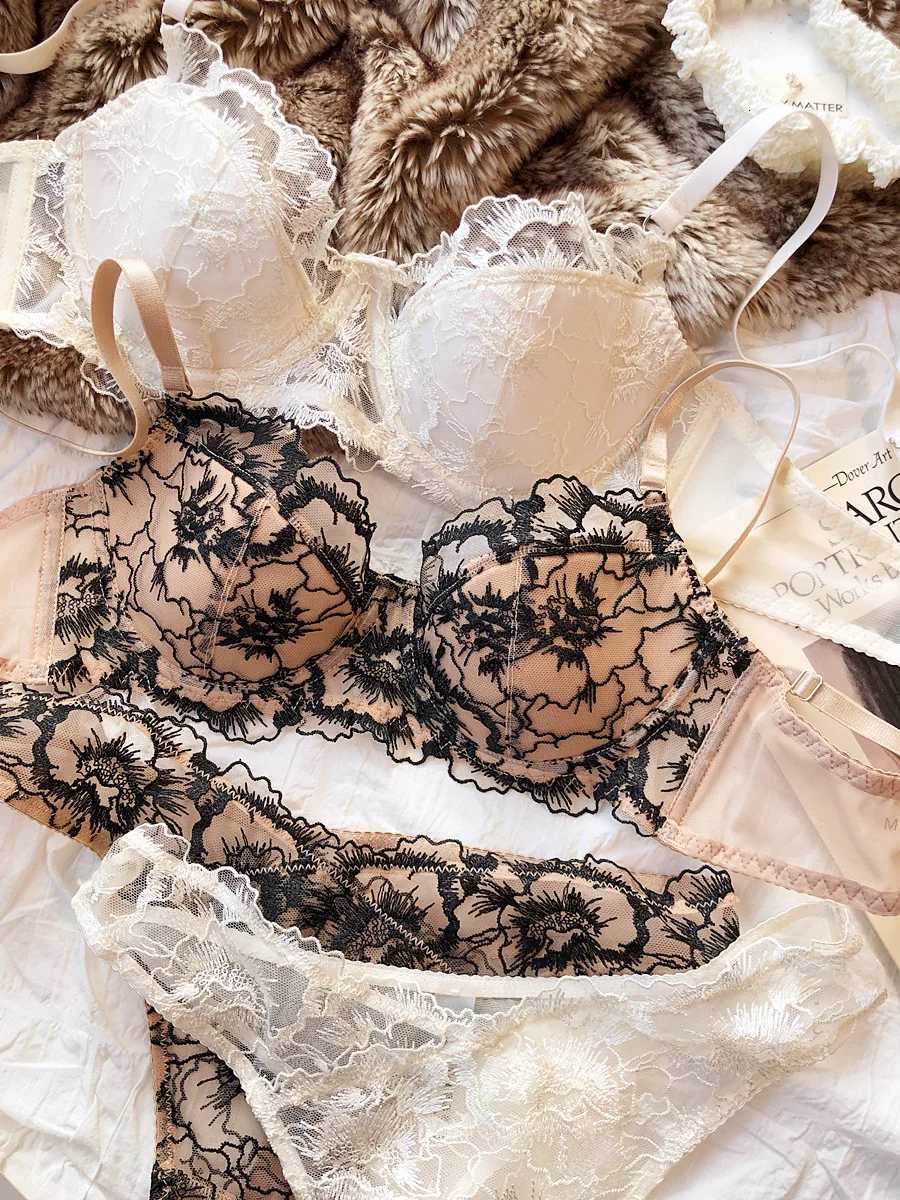 Lace Flowers Embroidery Bra Set Thin 3/4 Cup Push Up Lingerie For Women Summer Breathable Comfort Brassiere Underwear Sets Z260402