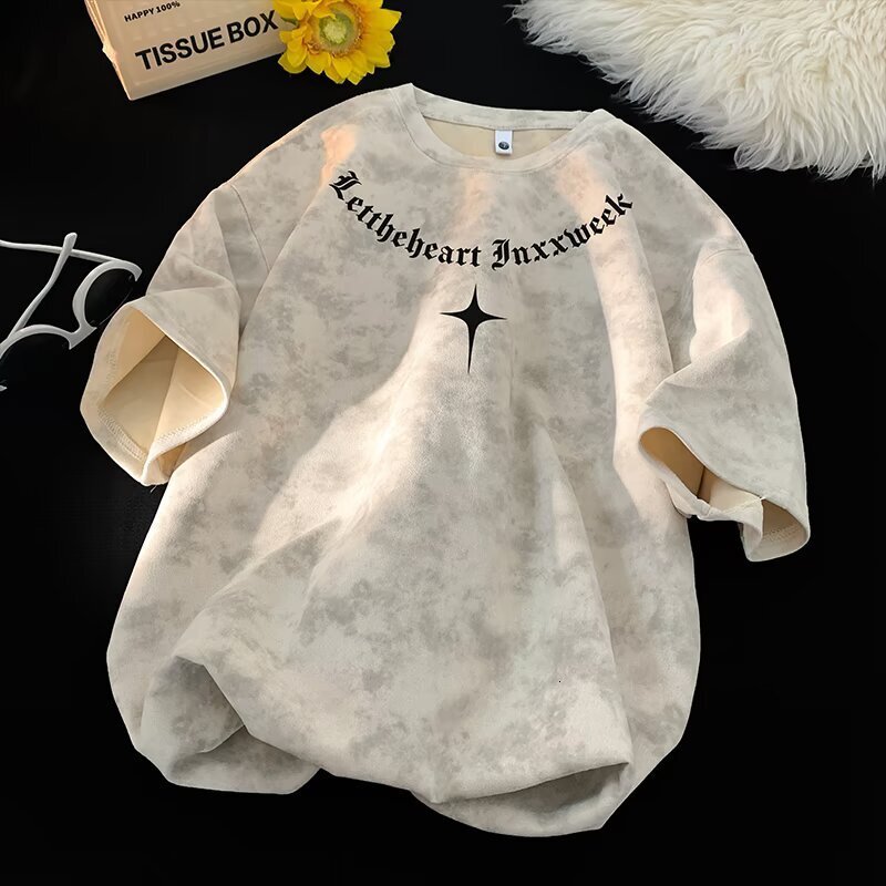 Mens Tie Dye Short Sleeve T Shirt With Gothic Letter Print And Star Pattern Casual Loose Fit Streetwear For Men And Women