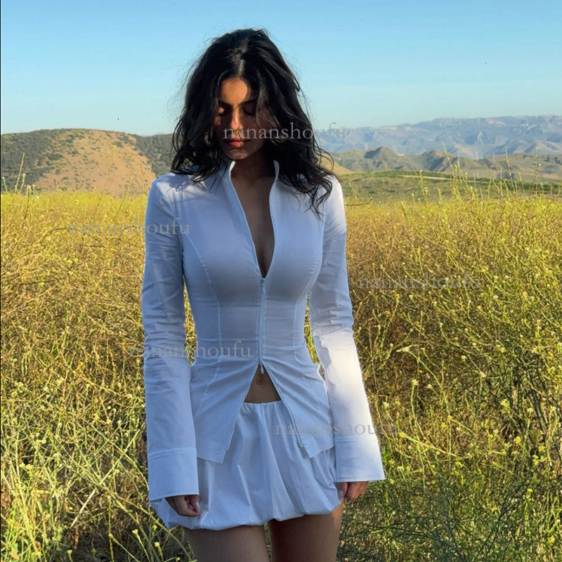 Designer Set For European And American Women's New Minimalist Solid Color Slim Fit Stand Up Collar Zipper Long Sleeved Top Bubble Skirt Set Luxur