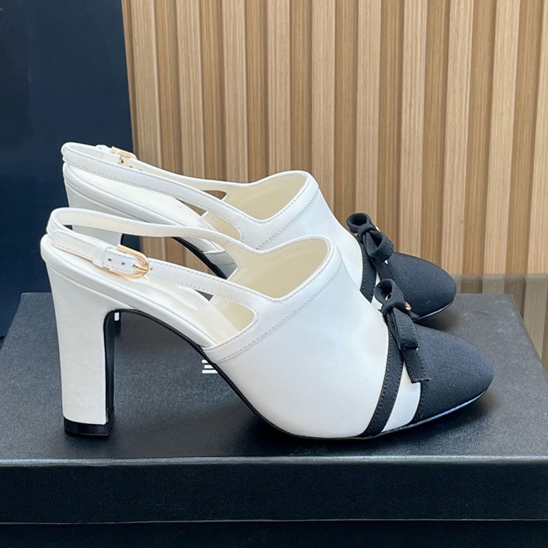 Womens New Butterfly Bow High Heeled Sandals Ladie Summer Panda Color Blocked Mueller Shoes Designer Leather Slingback Pumps Leather Outsole Sizes 35- 41