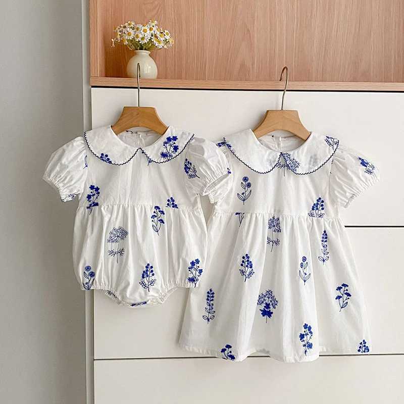 Summer New Style 2-6Y Girl Dress Short Sleeve Baby Clothes Childrens Dress Korean Embroidered Girls Retro Sister Dress H260402