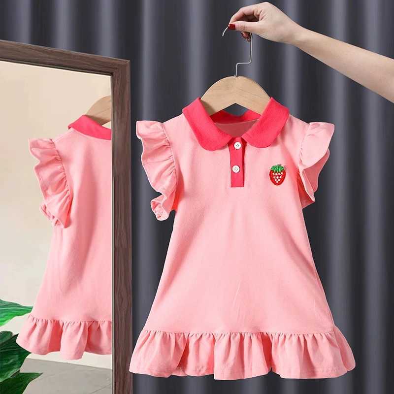 Summer New Childrens Clothing Fashion Simple Strawberry Lapel Flying Sleeve Dress Korean Version Girls Casual Dresse H260402
