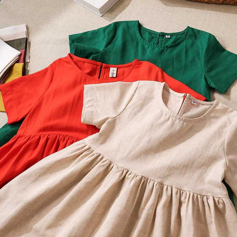 2026 Summer New Girls Linen Dress Retro Literary Cotton And Linen Short-Sleeved Pleated Dresses Childrens Clothing H260402
