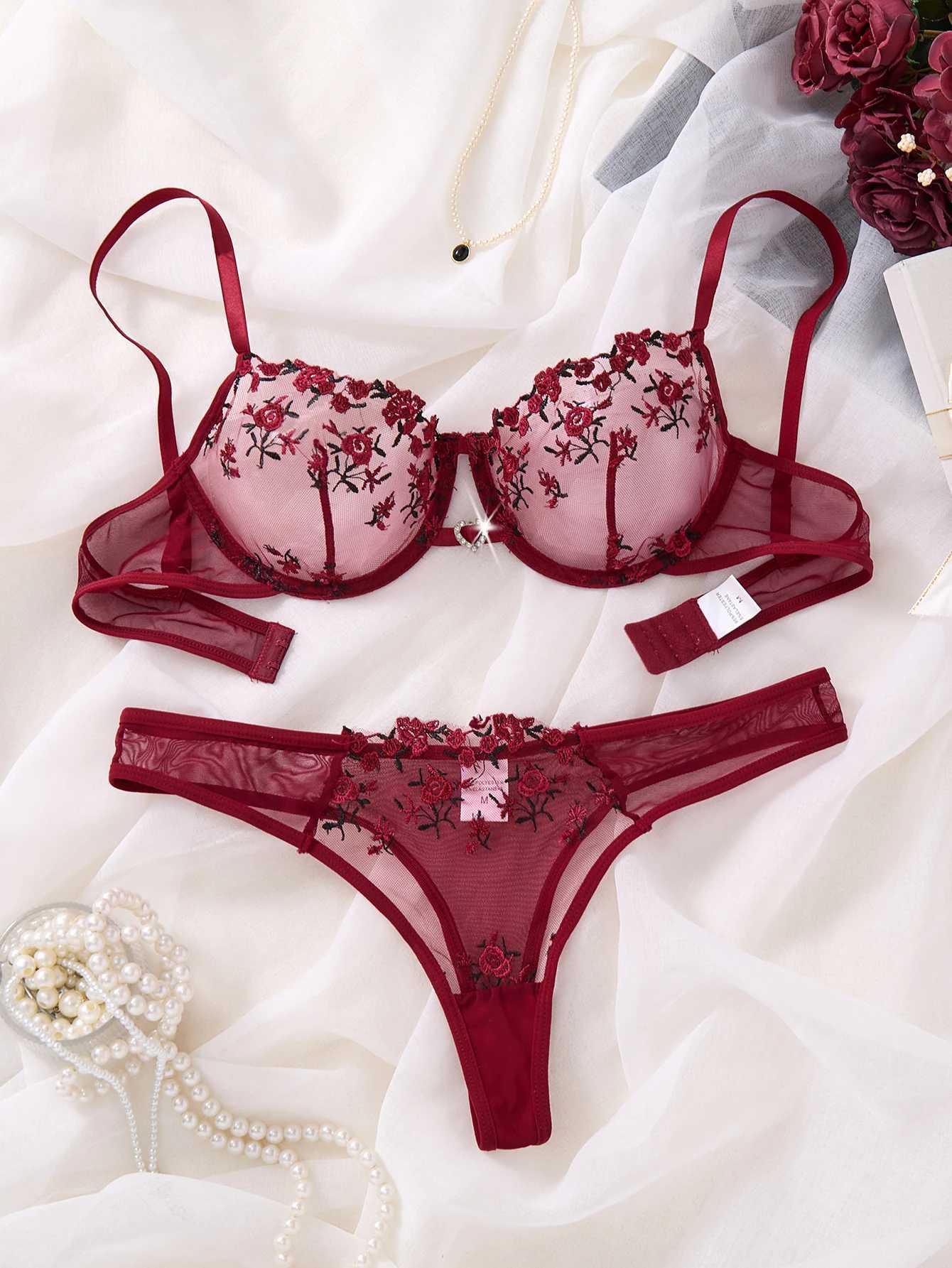 WineRed French-style floral embroidery lace lingerie set and pure desire sheer bra supportValentines Day party ZA824026 Z260402