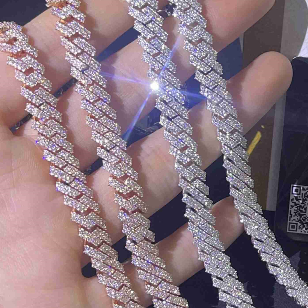 14mm Hip Hop Jewelry 2 Rows Moissanite Iced Out Miami Rose Gold Cuban Link Chain 925 Sterling Silver Necklace for Men