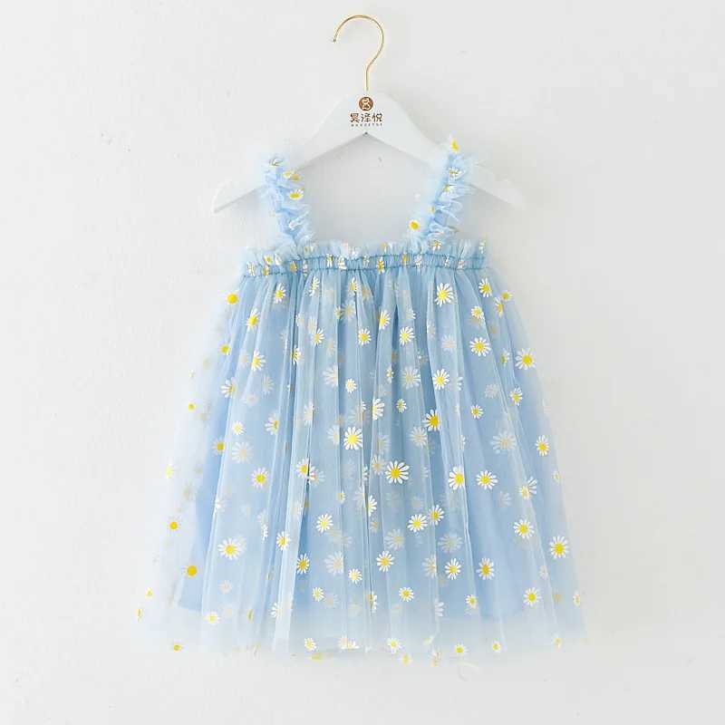 Toddler Girls Summer Sling Dress Sleeveless Daisy Print A-Line Tulle Princess Dress Kids Birthday Party Skirt Cute Baby Clothes H260402