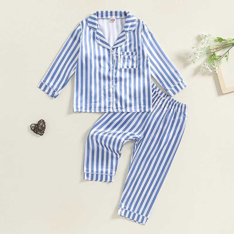 Kid Girls Boys Fall Pajamas Set Stripe Print Long Sleeve Shirts Tops Long Pants Satin 2 Pieces Lounge Suit Sleepwear H260403