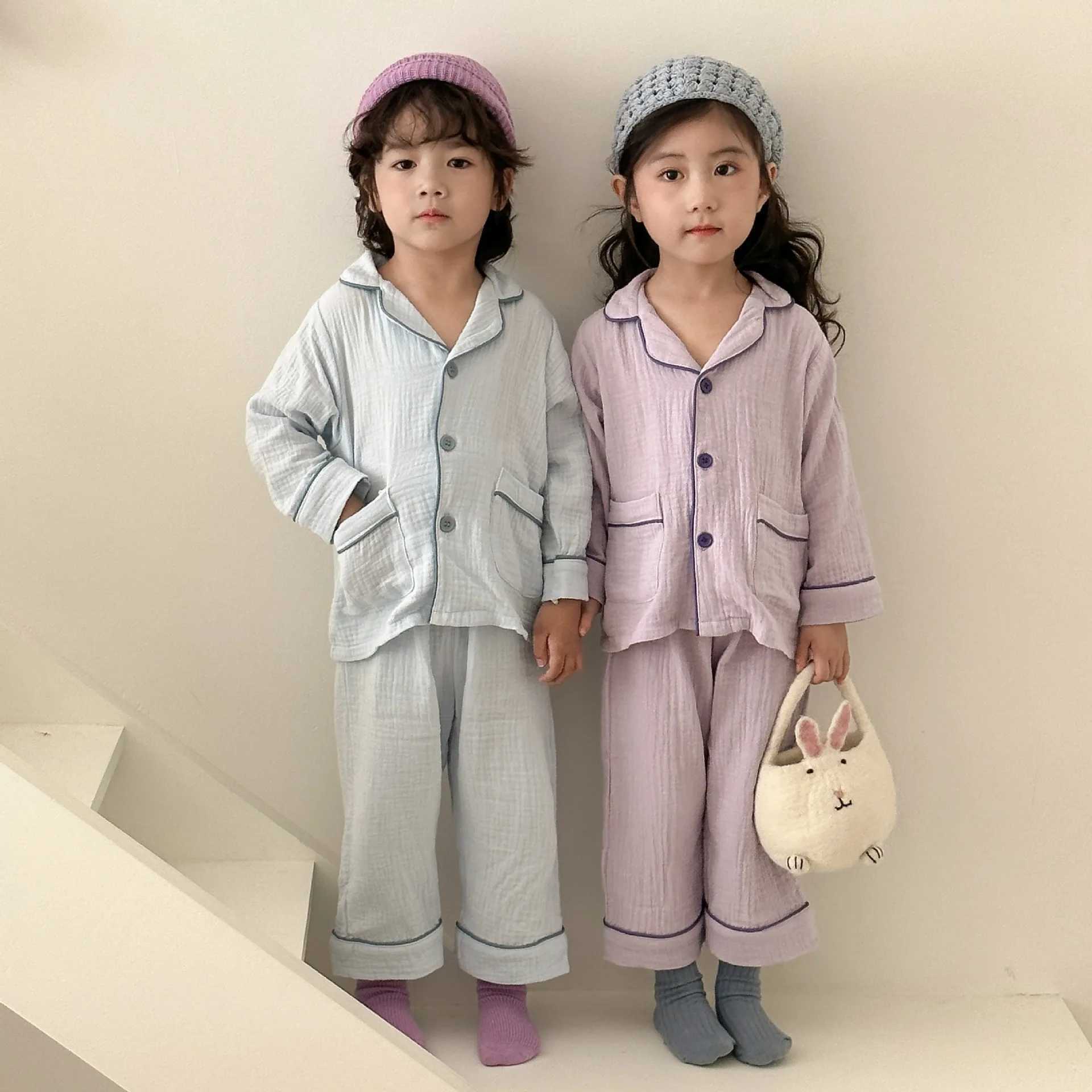 2025 New Childrens Cotton Pajamas Set Soft Loose Boys Girls Clothing Turn-down Collar Button Shirt Trousers 2 Pcs Suit Pijamas H260403