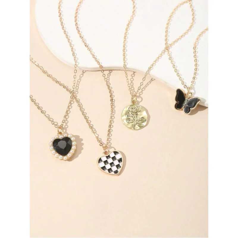 4pcs/Set Fashionable Heart Rose Flower Metallic Checkered Butterfly Alloy Pendant Necklace Set For Women H260403
