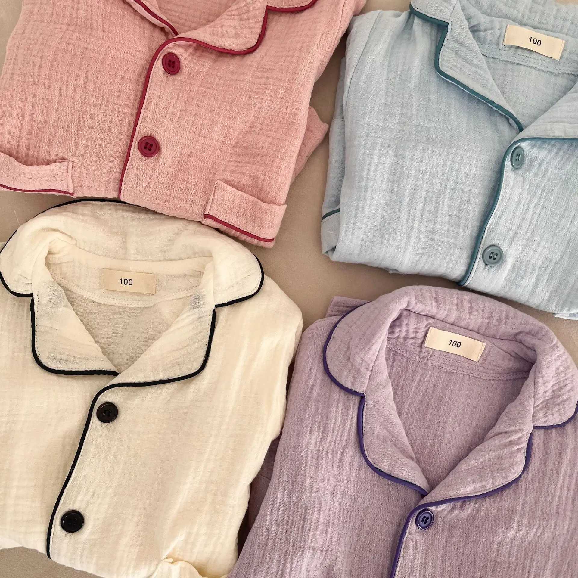 2025 New Childrens Cotton Pajamas Set Soft Loose Boys Girls Clothing Turn-down Collar Button Shirt Trousers 2 Pcs Suit Pijamas H260403