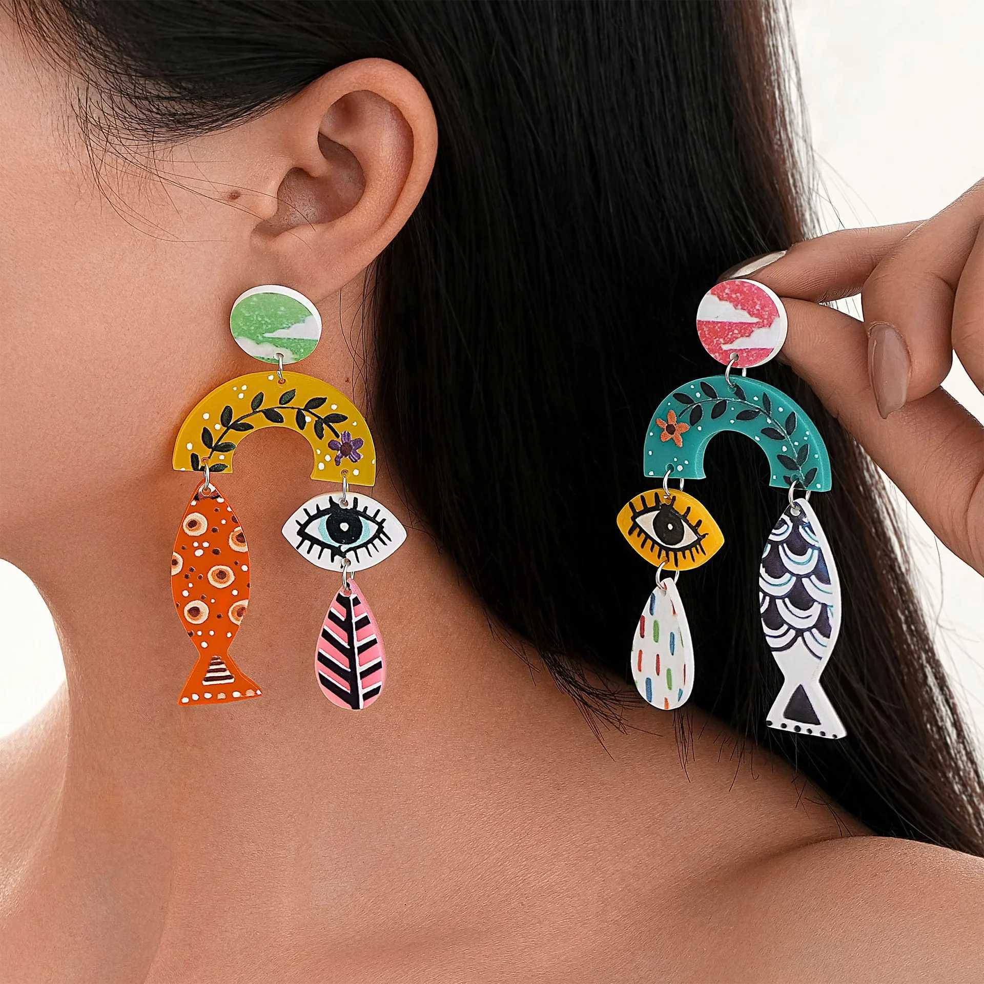 New Fish Eye Leaf Acrylic Print Long Earrings for Women Funny Colorful Irregular Geometric Hanging Earring Holiday Jewelry Gifts H260403