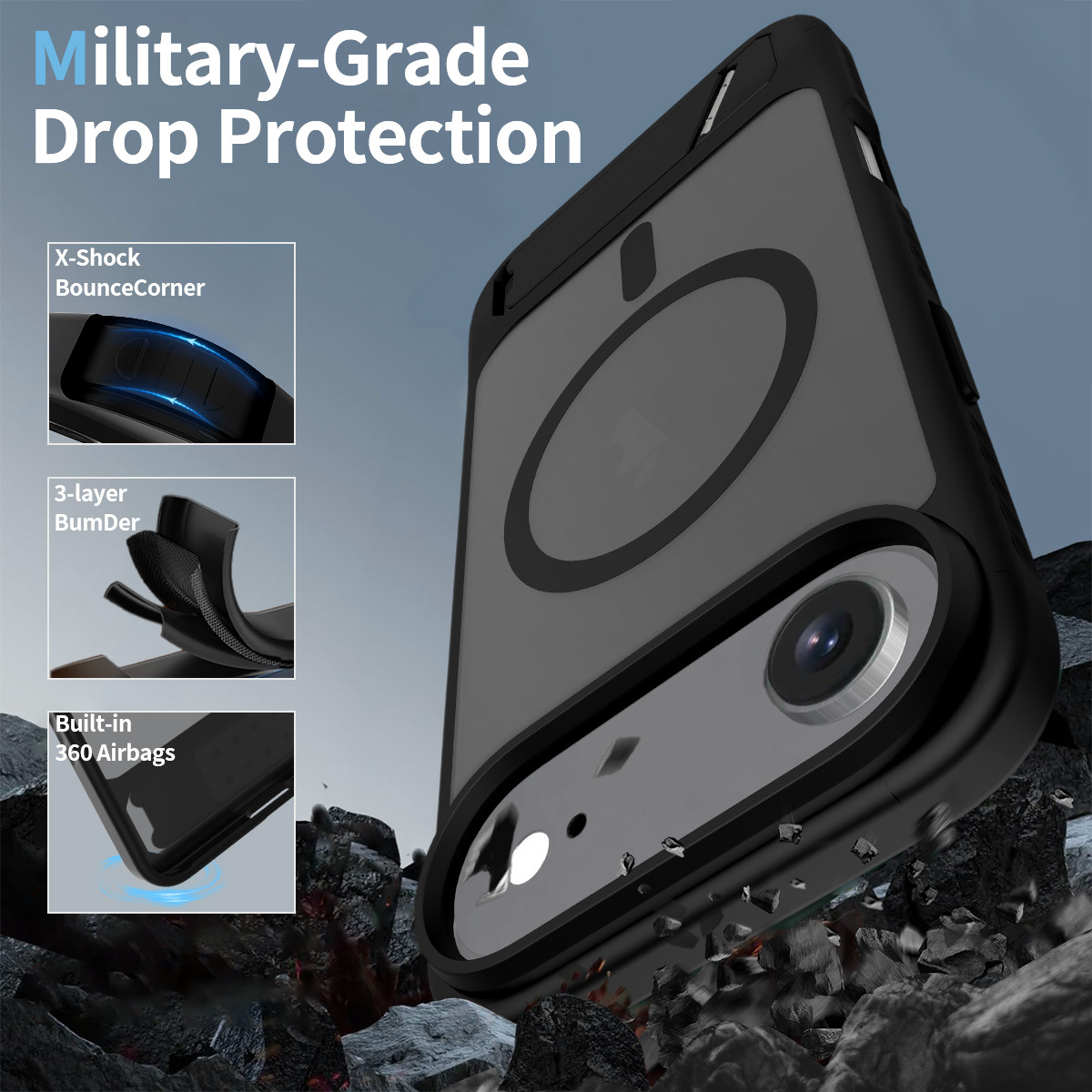 Car Magnetic Phone Case with Stand, Military-Grade Shockproof Cover