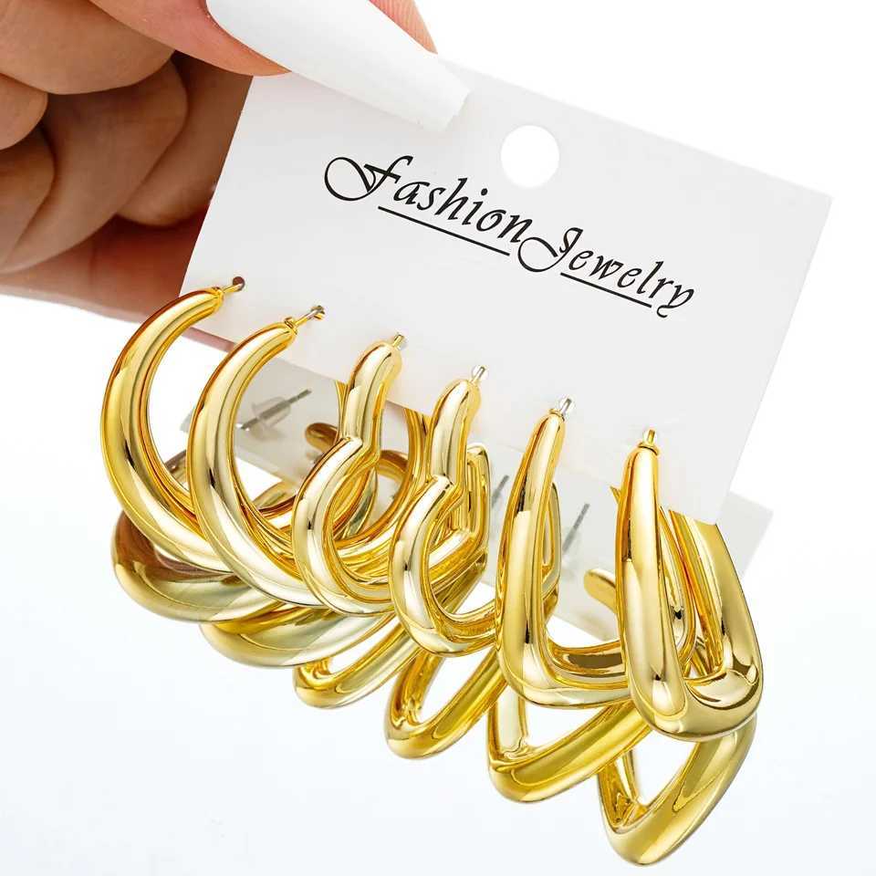 6pcs Chunky Gold Plated Waterdrop Hoop Earrings For Women Minimalist Smooth Thick Circle Drop Earring Lightweight Party Jewelry H260403