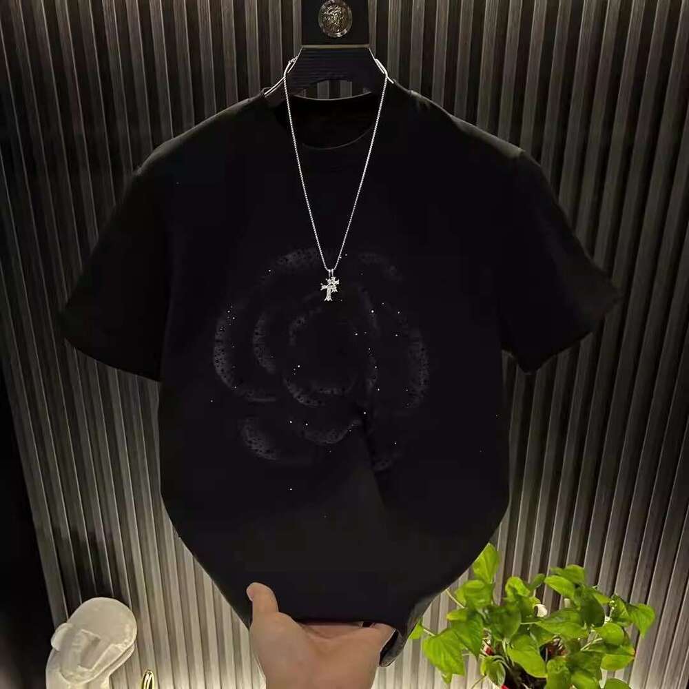 Luxury Rhinestone Rose Embellished Short Sleeve T-Shirt For Men, White, Skin-Friendly, Round Neck, High-End Youth Top