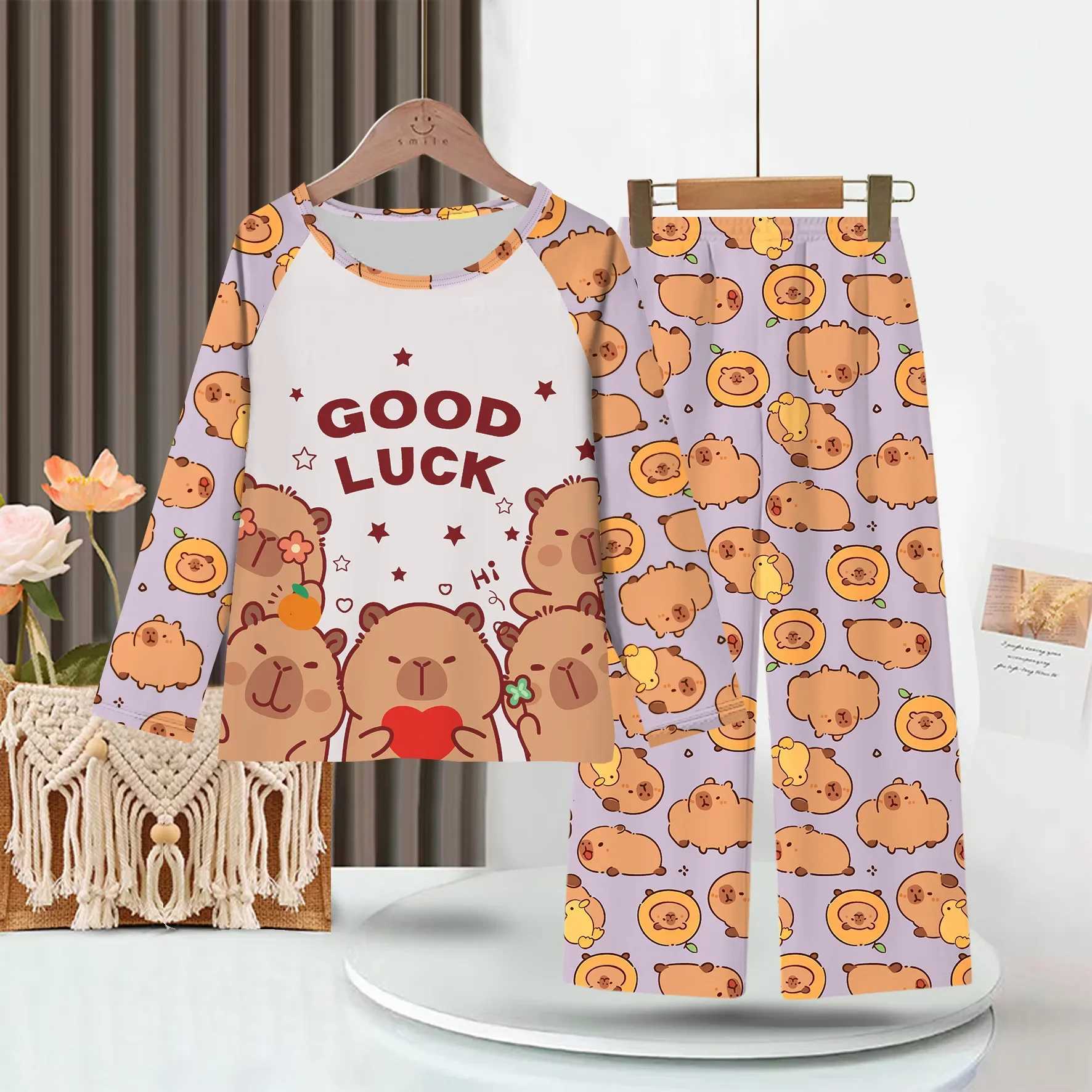 Capibara Pajamas Pants Set Kids Anime Capybara Nightgown Trousers Girls Boys Spring Autumn Home Clothes Children Long Sleeves H260403