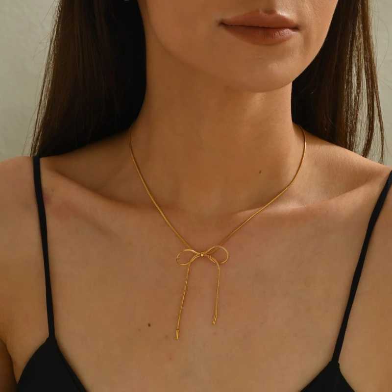 1 Gold Color Chain Bow Pendant Necklace Womens Fashionable and Simple Design Daily Party Jewelry Gift H260403