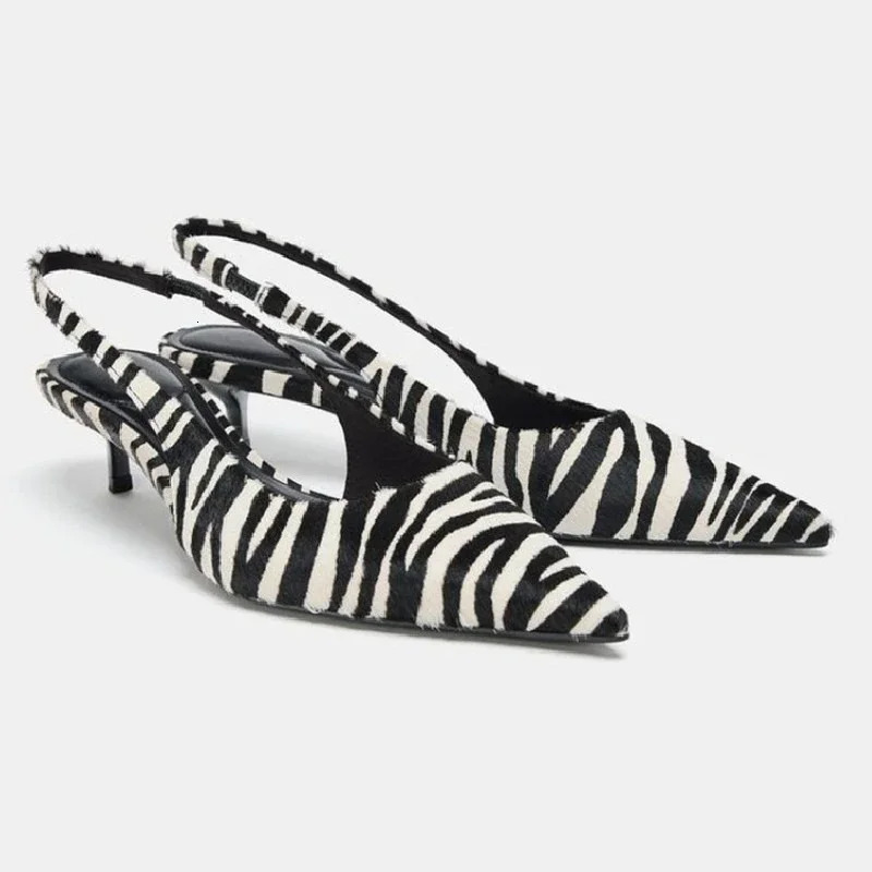 Stylish Zebra Print n High Heels for Women Sexy Pointed Toe Kitten Heels Sandals Comfortable Street Style Slingback Shoes 260402