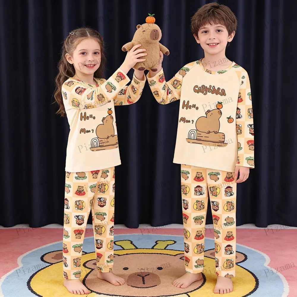 Capibara Kids Pajama Sets Long Sleeve Loungewear with Cute Animal Print Soft Sleepwear for Boys Girls Cartoon Sleepwear Outfit H260403