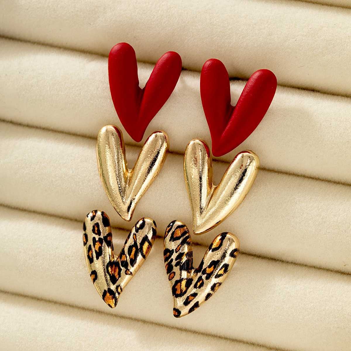 3 pairs of personalized and versatile leopard print heart-shaped womens earrings set red spray painted earrings H260403