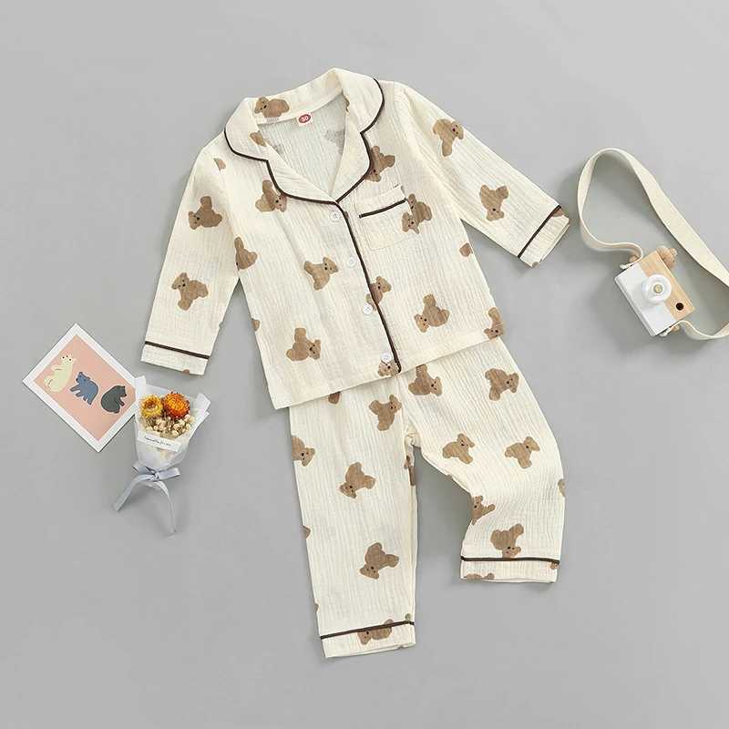 1-6Y Kids Pajama Sets Baby Boys Grils Sleepwear Bear Printed Long Sleeve Lapel Tops Long Pants Children Pajama Nighwear H260403
