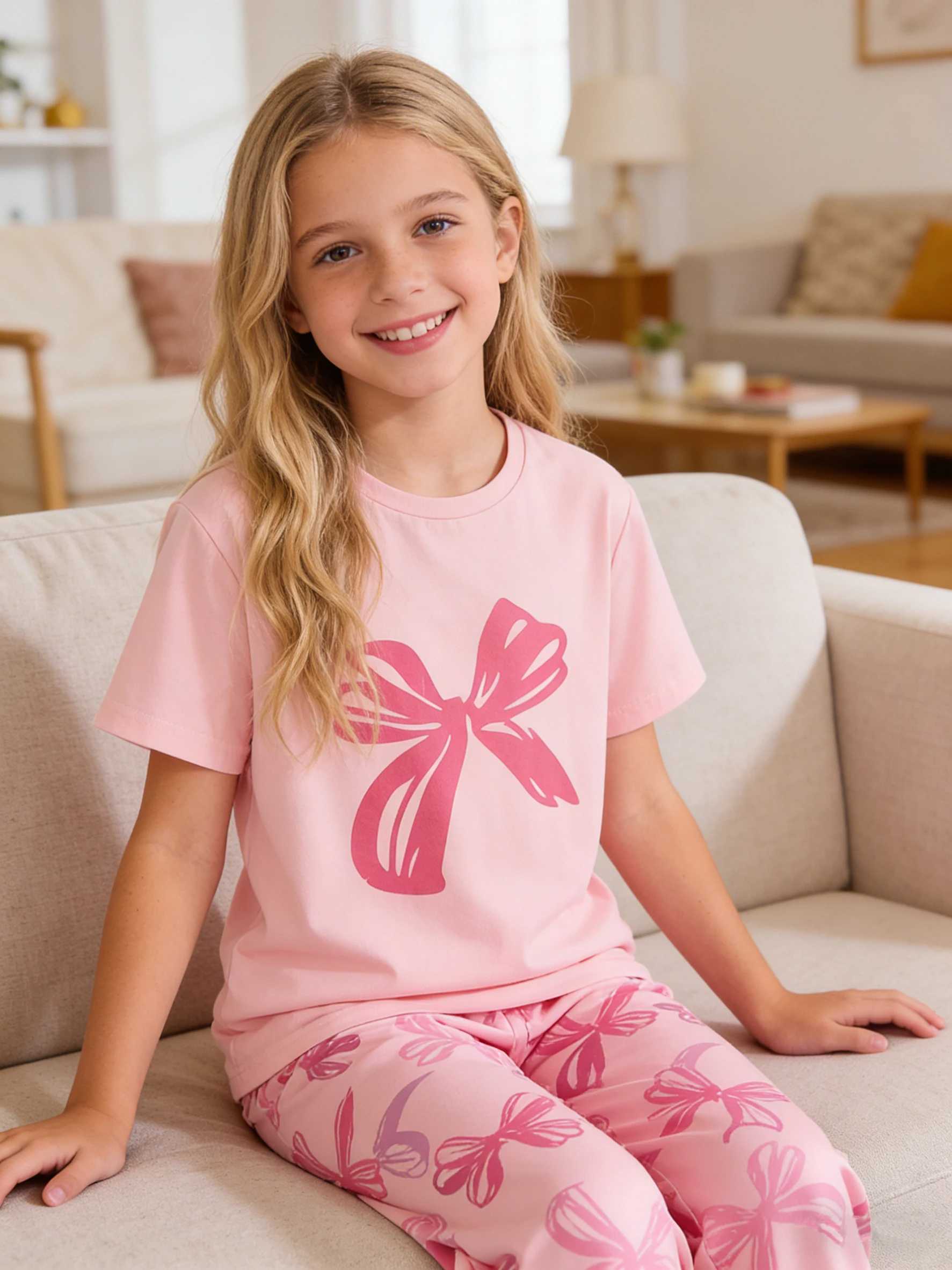 Girls home clothes set girls casual bow-tie short-sleeved trousers suitable for home wear in spring summer and autumn H260403