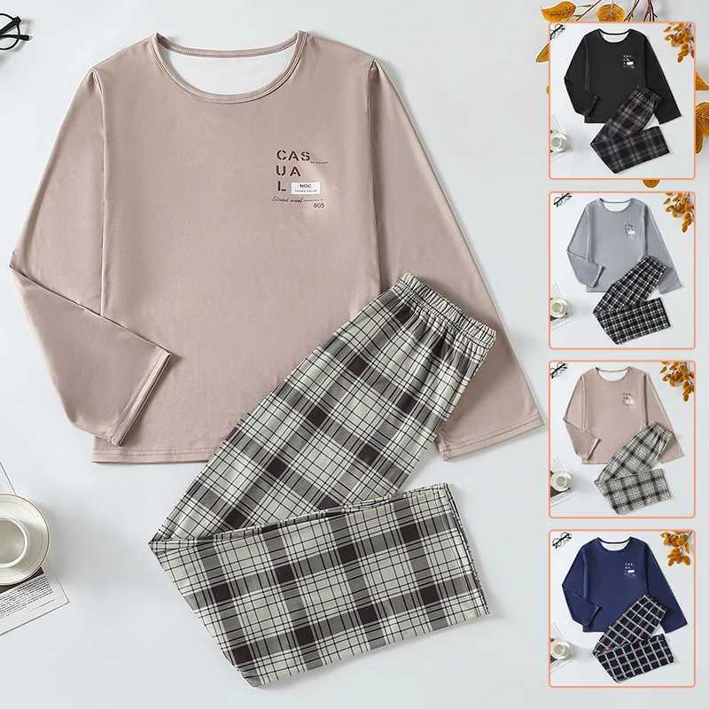 2-piece Autumn And Winter Big Boy Youth Casual Fashion Plaid Home Set Comfortable Plus Size Round Neck T-shirt Warm Home Pants H260403