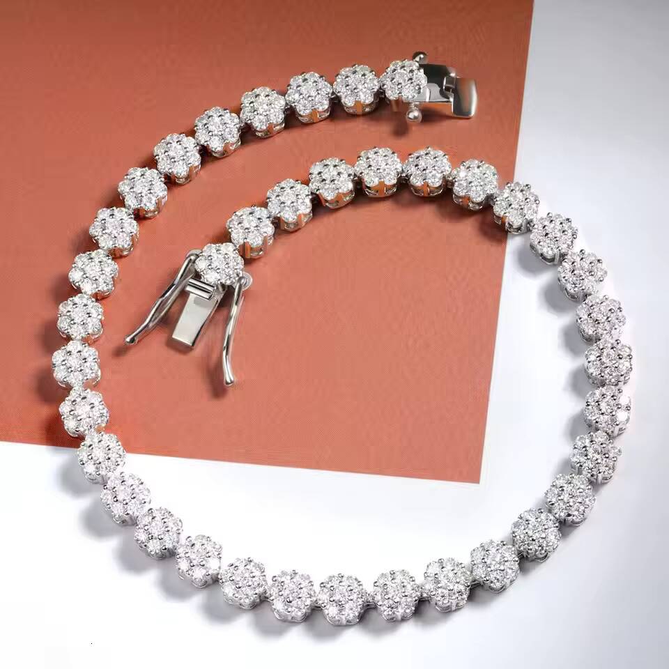 PYQ Wholesale Custom Jewelry 925 Sterling Silver Plum Blossom Moissanite Rhodium Plated Hip Hop Hand Chain Charm Tennis Bracelet