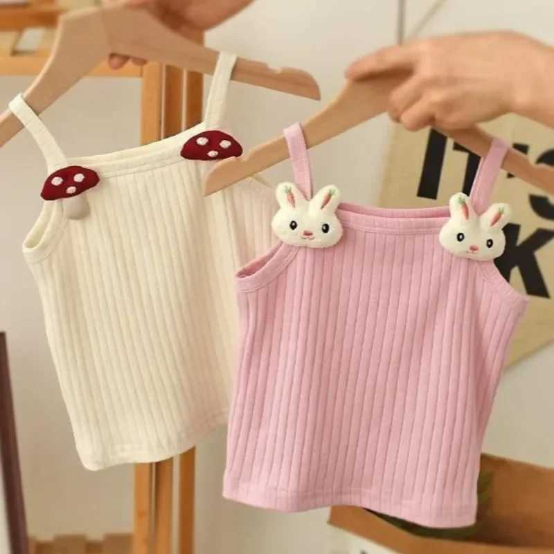 1-8Y Childrens Knitted Sling Top Sleeveless Short T-Shirts 2025 Summer Thin Base Suspenders Girls Baby Rabbit Mushroom Tops H260403